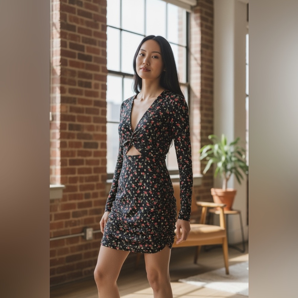 NASTY GAL Metallic Floral Knot Front Ruched Minidress. NEW WITH TAGS. Size 4.